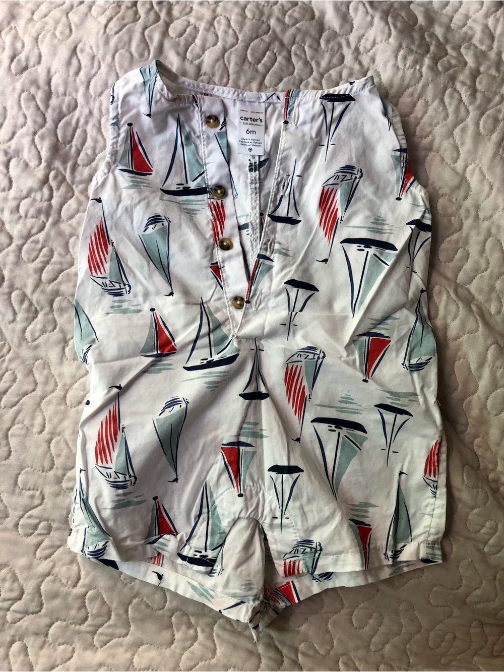Carter's White Baby Boys Sailboat Short Romper with Red & Blue Accents